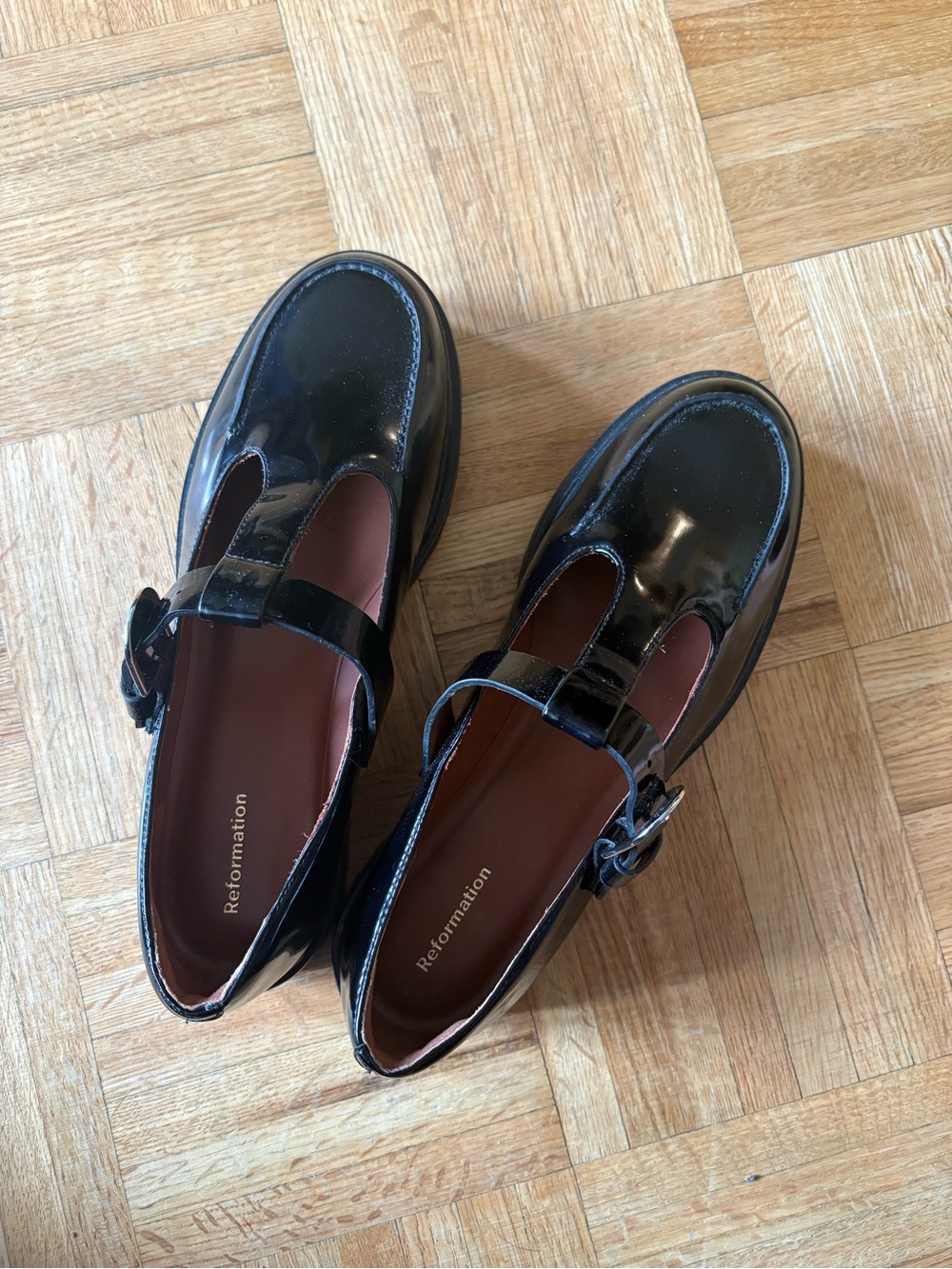 Reformation Black Patent Abalonia Leather Mary Jane Loafers with Buckle